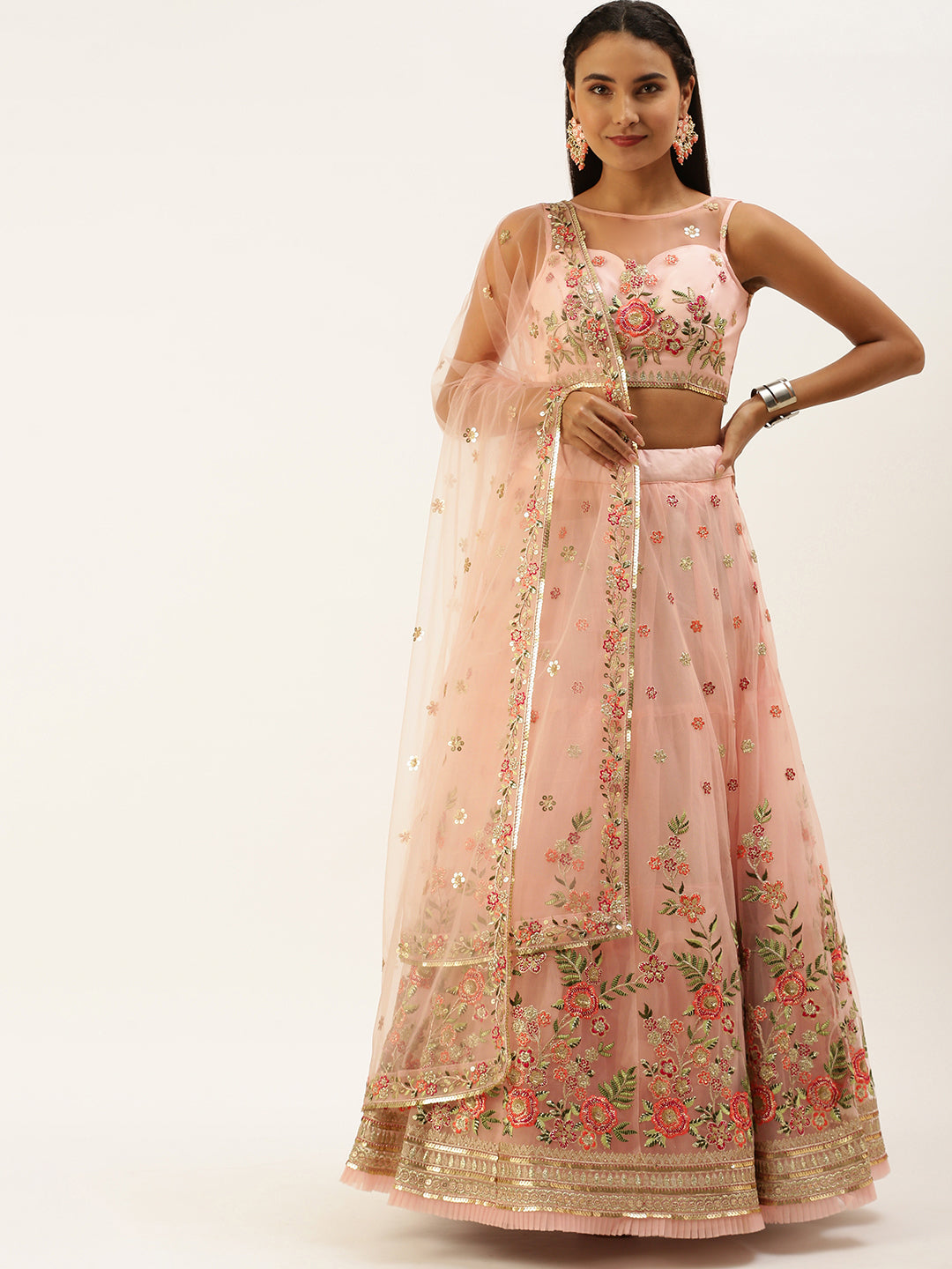 Coral Net Sequinse Work Semi-Stitched Lehenga & Unstitched Blouse, Dupatta Clothsvilla