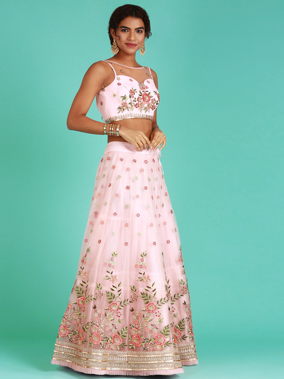 Coral Net Sequinse Work Semi-Stitched Lehenga & Unstitched Blouse, Dupatta Clothsvilla