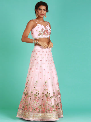 Coral Net Sequinse Work Semi-Stitched Lehenga & Unstitched Blouse, Dupatta Clothsvilla