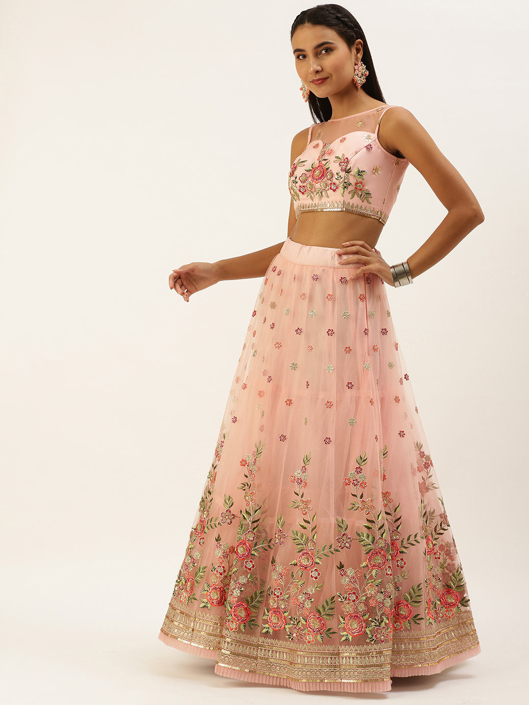 Coral Net Sequinse Work Semi-Stitched Lehenga & Unstitched Blouse, Dupatta Clothsvilla