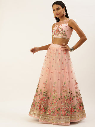 Coral Net Sequinse Work Semi-Stitched Lehenga & Unstitched Blouse, Dupatta Clothsvilla