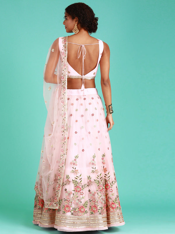 Coral Net Sequinse Work Semi-Stitched Lehenga & Unstitched Blouse, Dupatta Clothsvilla