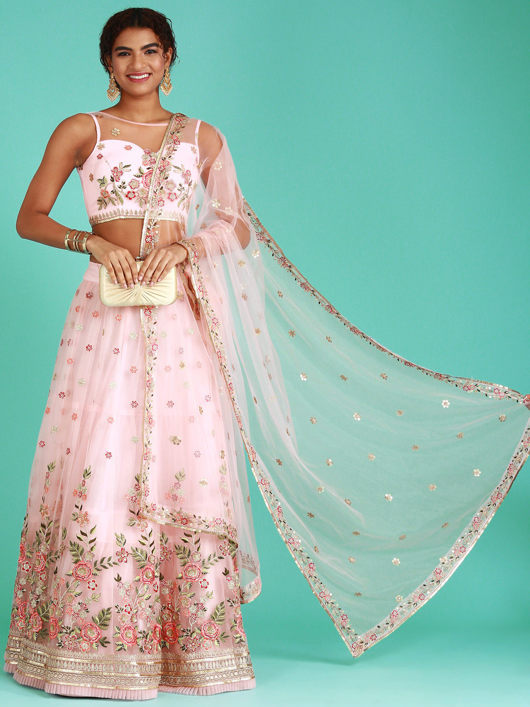 Coral Net Sequinse Work Semi-Stitched Lehenga & Unstitched Blouse, Dupatta Clothsvilla