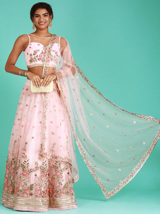 Coral Net Sequinse Work Semi-Stitched Lehenga & Unstitched Blouse, Dupatta Clothsvilla