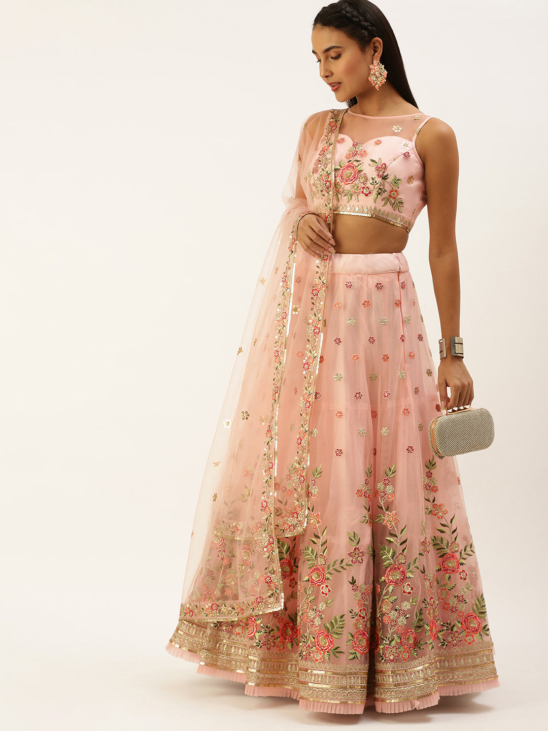 Coral Net Sequinse Work Semi-Stitched Lehenga & Unstitched Blouse, Dupatta Clothsvilla