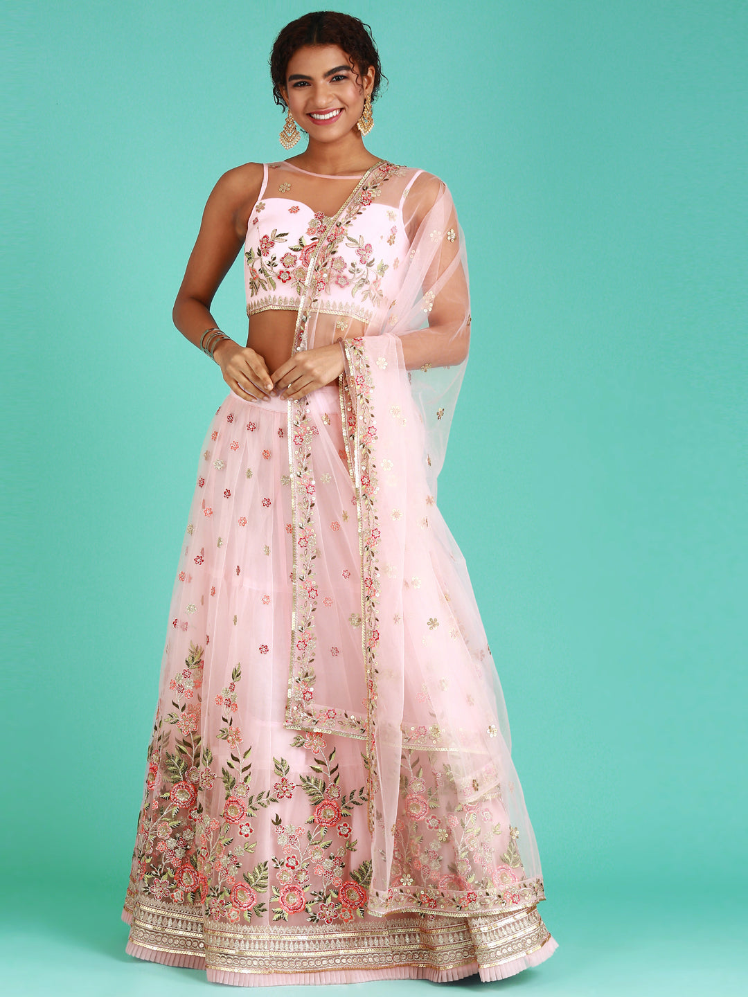 Coral Net Sequinse Work Semi-Stitched Lehenga & Unstitched Blouse, Dupatta Clothsvilla