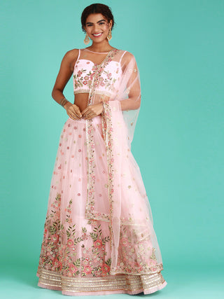 Coral Net Sequinse Work Semi-Stitched Lehenga & Unstitched Blouse, Dupatta Clothsvilla