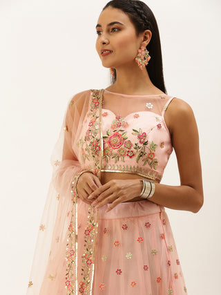 Coral Net Sequinse Work Semi-Stitched Lehenga & Unstitched Blouse, Dupatta Clothsvilla