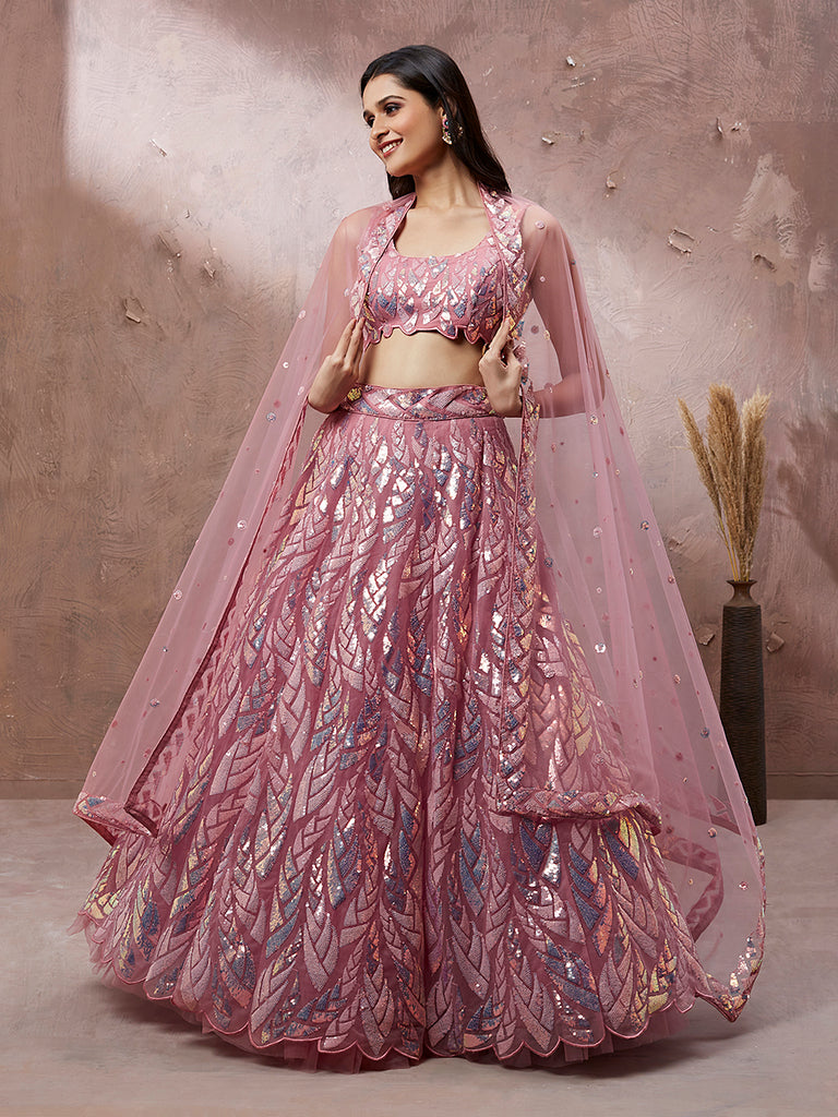 CORAL Net Sequinse Work Semi-Stitched Lehenga & Unstitched Blouse, Dupatta ClothsVilla