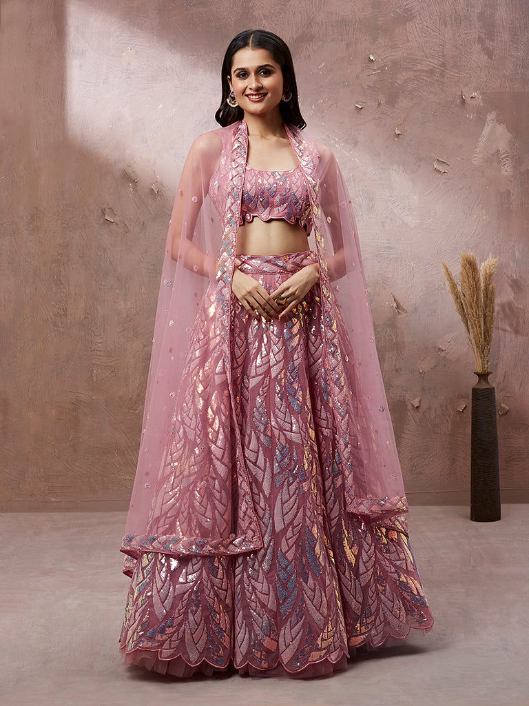 CORAL Net Sequinse Work Semi-Stitched Lehenga & Unstitched Blouse, Dupatta ClothsVilla