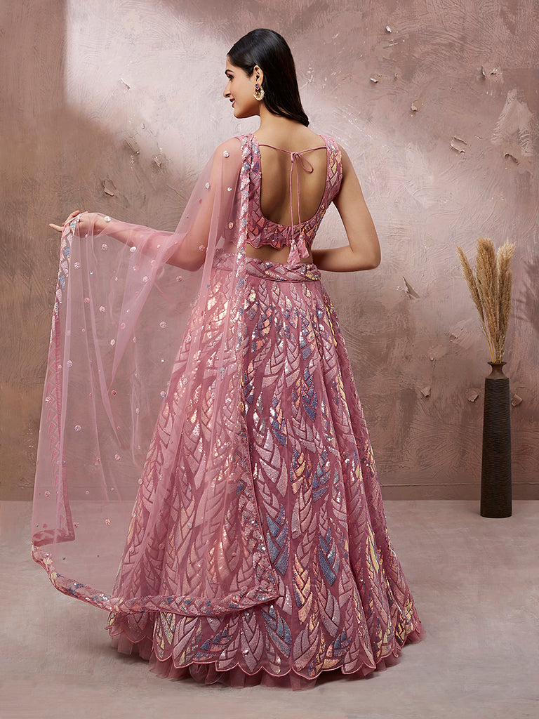 CORAL Net Sequinse Work Semi-Stitched Lehenga & Unstitched Blouse, Dupatta ClothsVilla