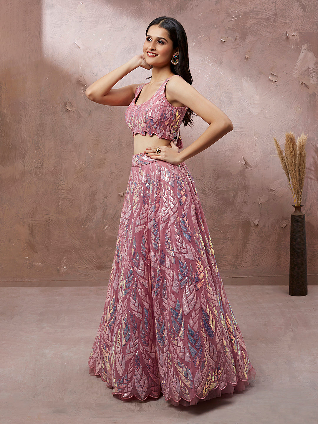 CORAL Net Sequinse Work Semi-Stitched Lehenga & Unstitched Blouse, Dupatta ClothsVilla