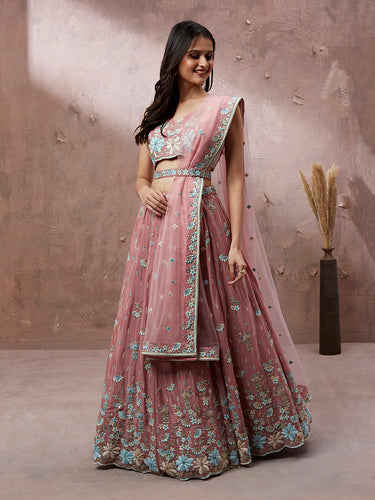 Coral Pure Georgette Sequins with heavy Zarkan embroidery Semi-Stitched Lehenga choli & Dupatta ClothsVilla