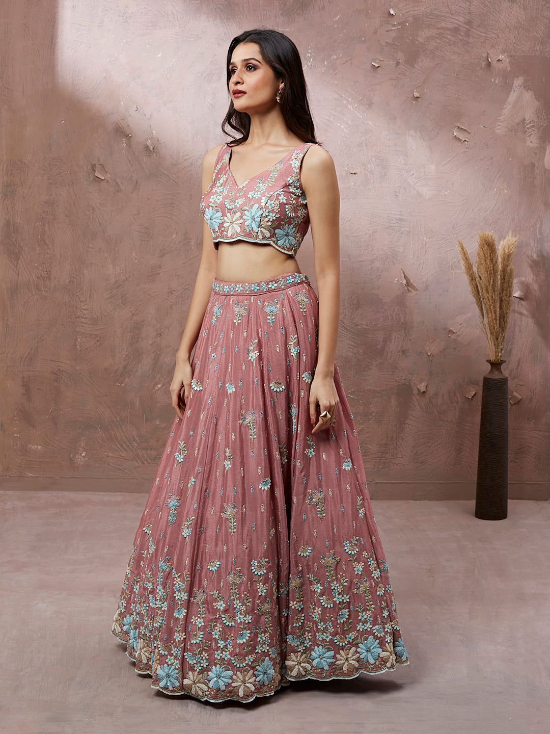 Coral Pure Georgette Sequins with heavy Zarkan embroidery Semi-Stitched Lehenga choli & Dupatta ClothsVilla
