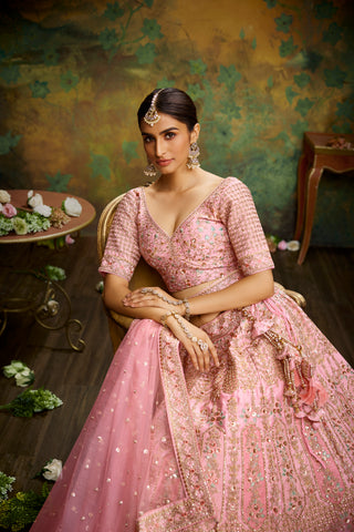 Coral Pure Silk Moti & Zarkan heavy embroidery Semi-Stitched Lehenga choli & Dupatta Clothsvilla