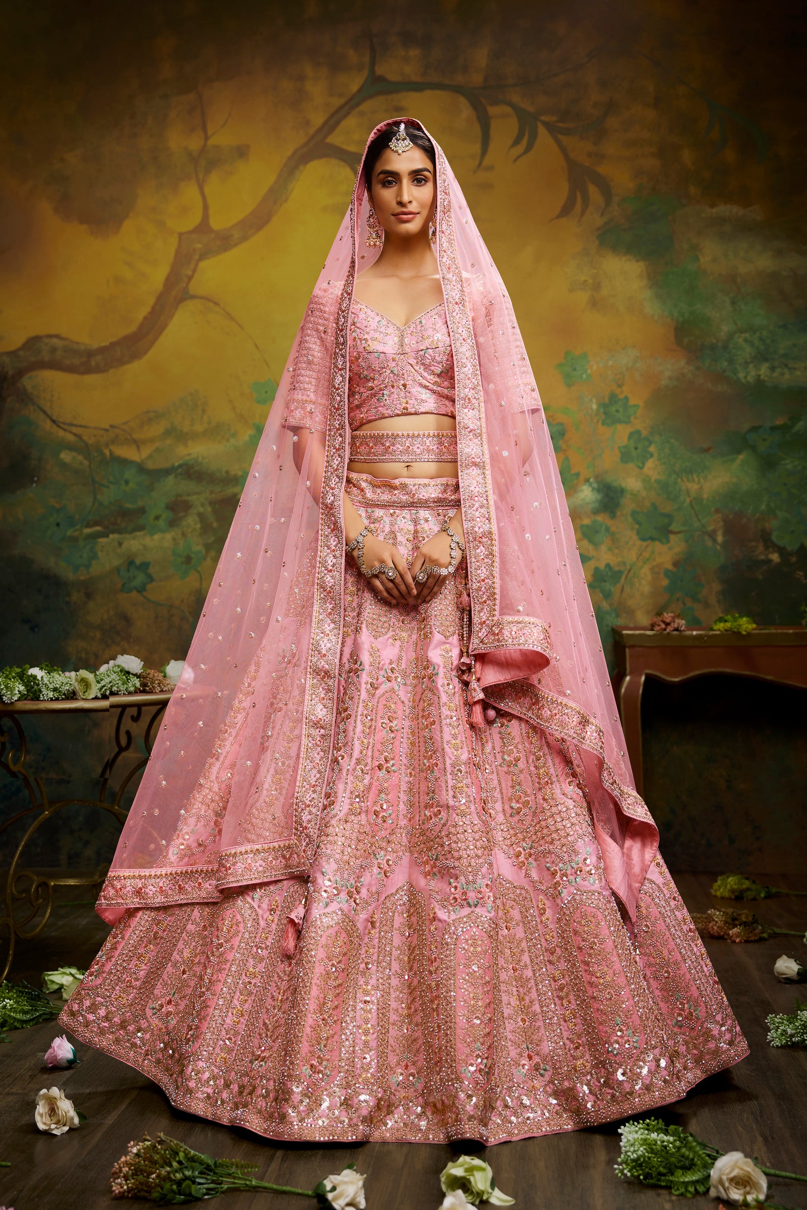 Coral Pure Silk Moti & Zarkan heavy embroidery Semi-Stitched Lehenga choli & Dupatta Clothsvilla