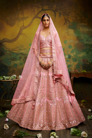 Coral Pure Silk Moti & Zarkan heavy embroidery Semi-Stitched Lehenga choli & Dupatta Clothsvilla