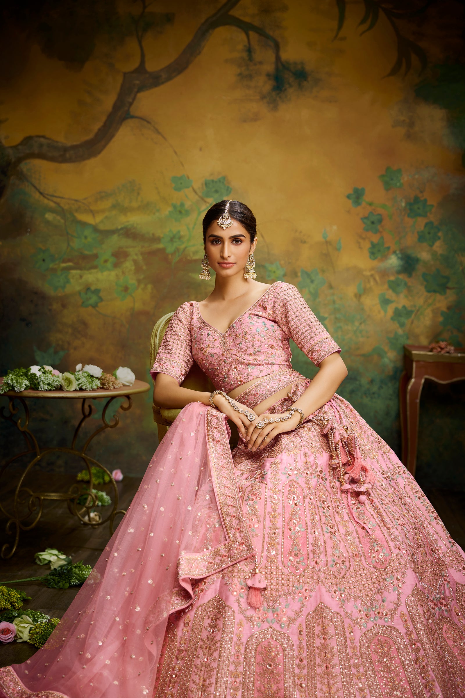 Coral Pure Silk Moti & Zarkan heavy embroidery Semi-Stitched Lehenga choli & Dupatta Clothsvilla