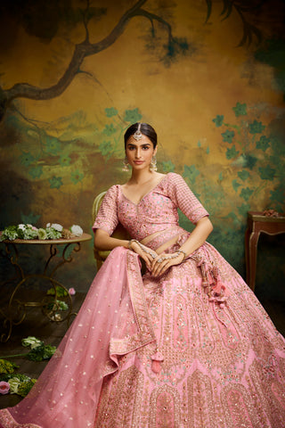 Coral Pure Silk Moti & Zarkan heavy embroidery Semi-Stitched Lehenga choli & Dupatta Clothsvilla