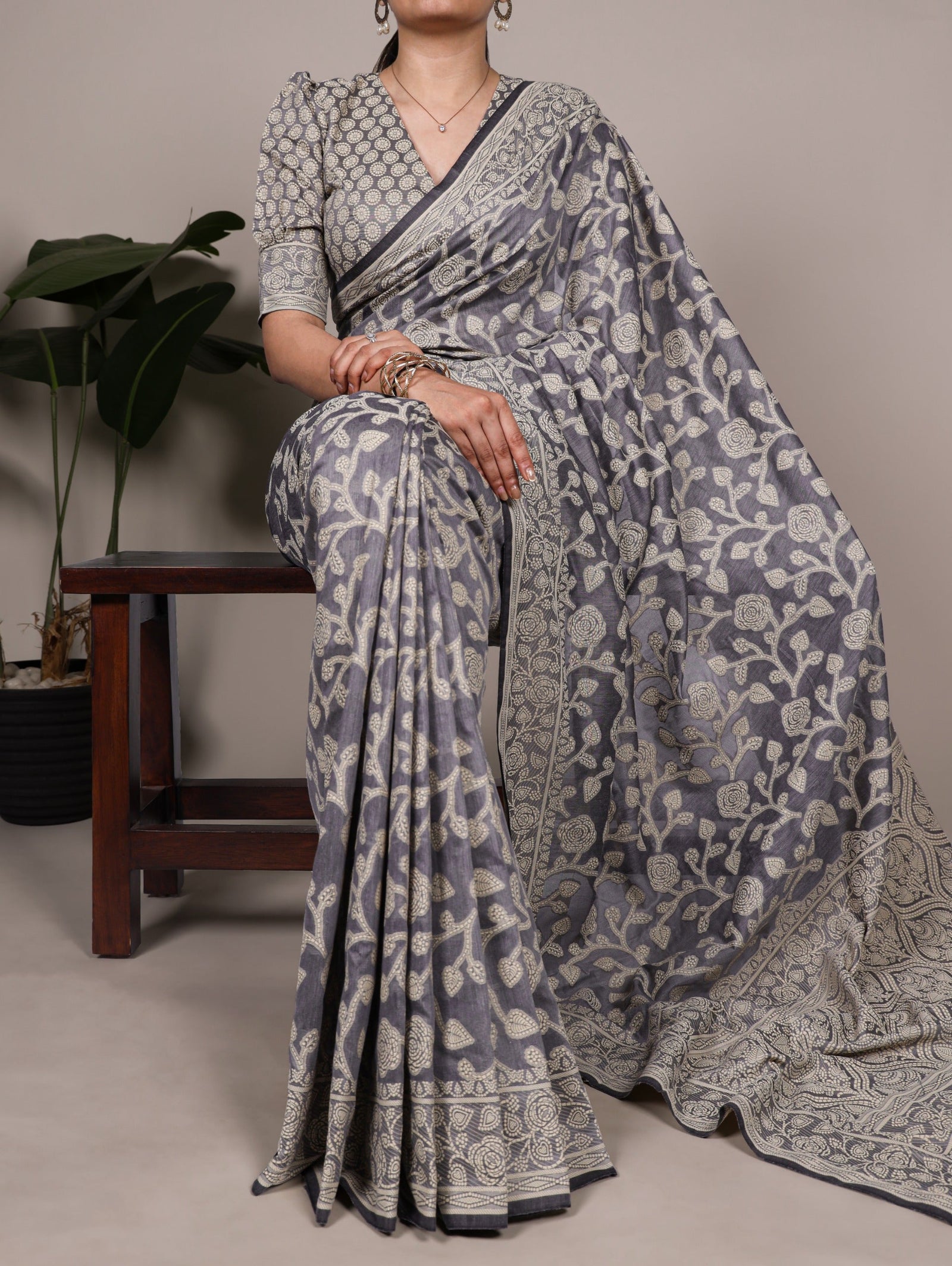 Cotton Silk Saree with Flower Print ClothsVilla