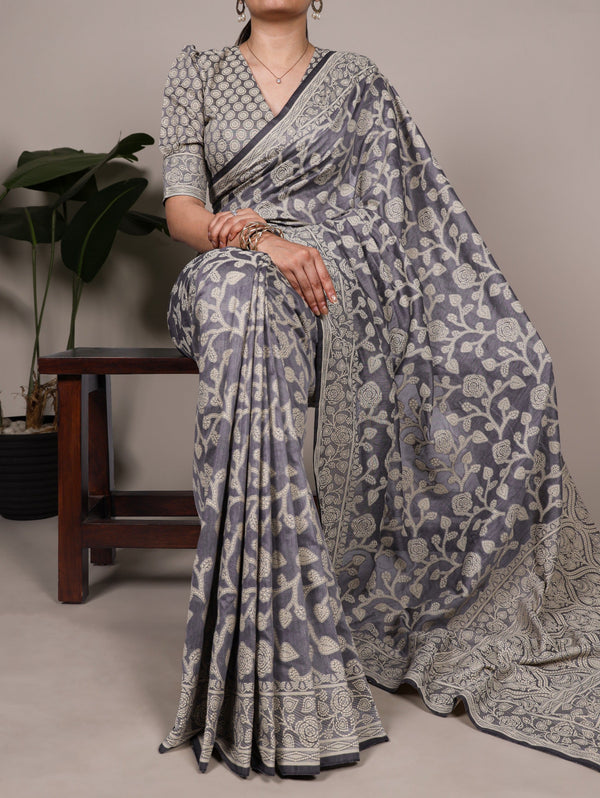 Cotton Silk Saree with Flower Print ClothsVilla