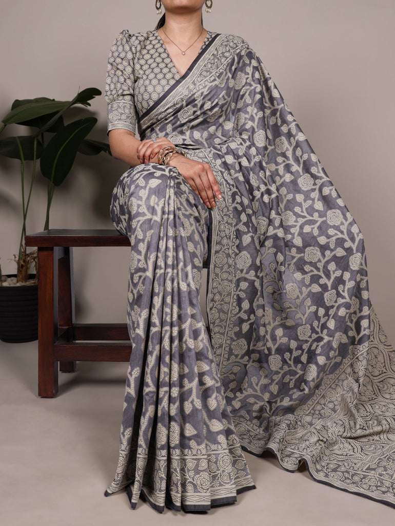 Cotton Silk Saree with Flower Print ClothsVilla
