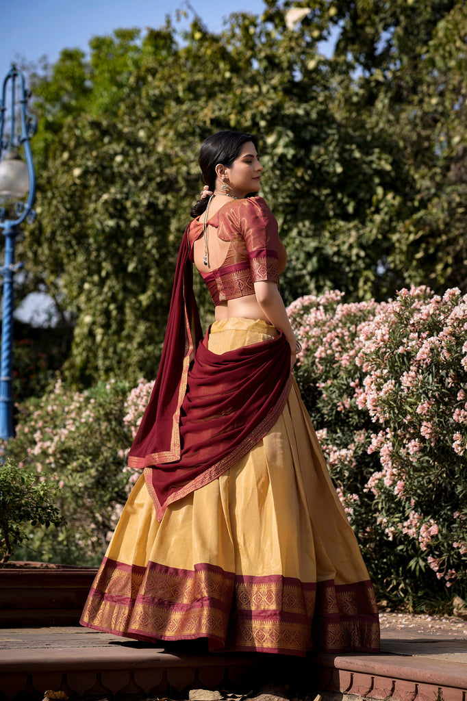 Cream Breathtaking South-Indian Kanchipuram Silk Lehenga Choli Set with Zari Weaving ClothsVilla