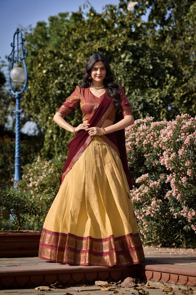 Cream Breathtaking South-Indian Kanchipuram Silk Lehenga Choli Set with Zari Weaving ClothsVilla