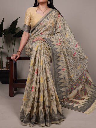 Cream Classic Poly Cotton Saree with Intricate Thread Weaving Work – Lightweight Everyday & Occasion Wear Unstitched Blouse Included ClothsVilla