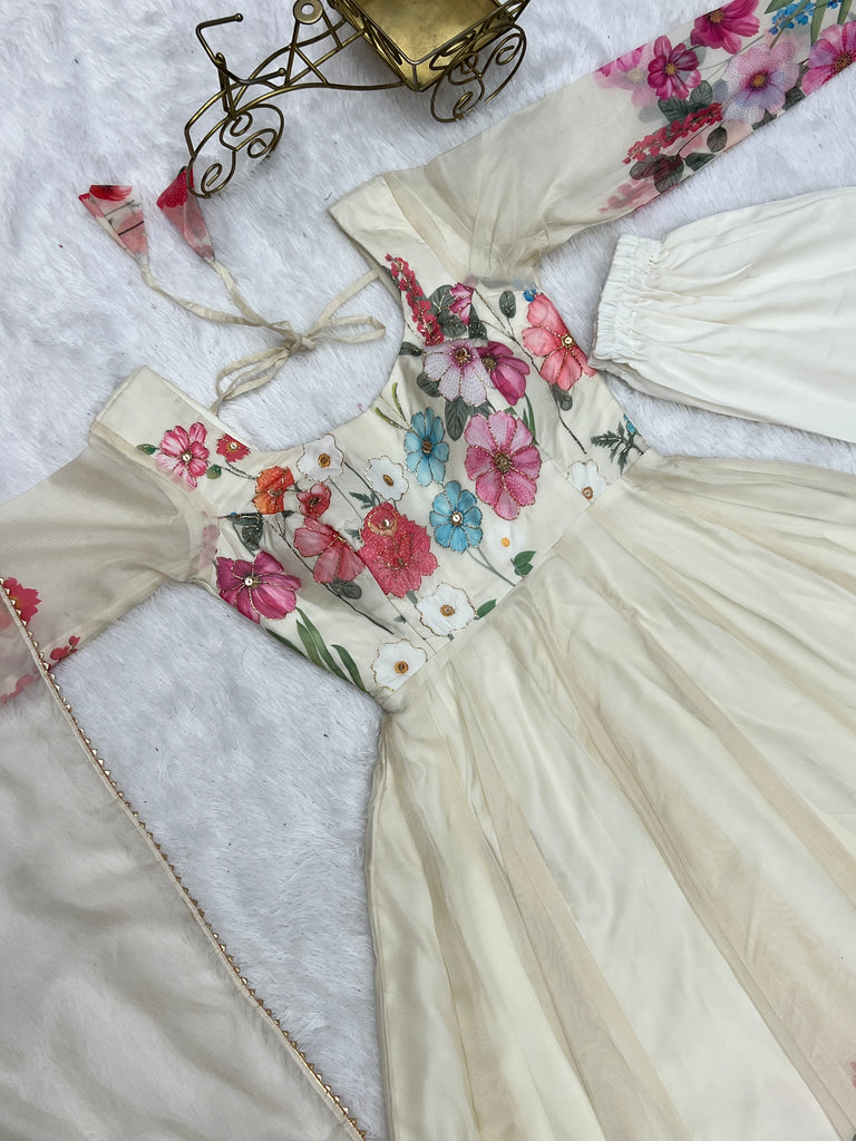 Cream Color Floral Organza Anarkali Suit Set for Festivals & Weddings ClothsVilla