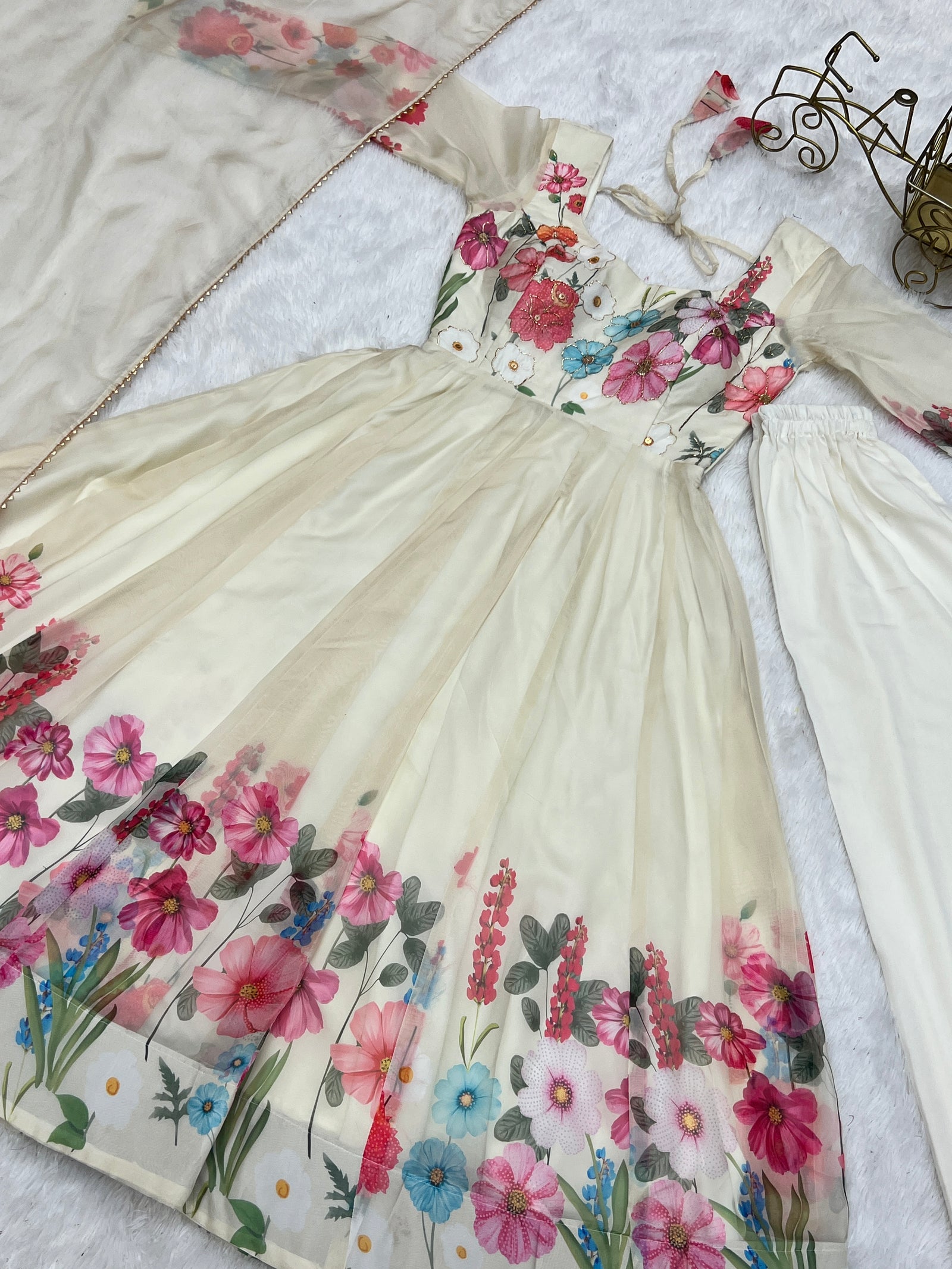 Cream Color Floral Organza Anarkali Suit Set for Festivals & Weddings ClothsVilla