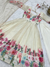 Load image into Gallery viewer, Cream Color Floral Organza Anarkali Suit Set for Festivals &amp; Weddings ClothsVilla