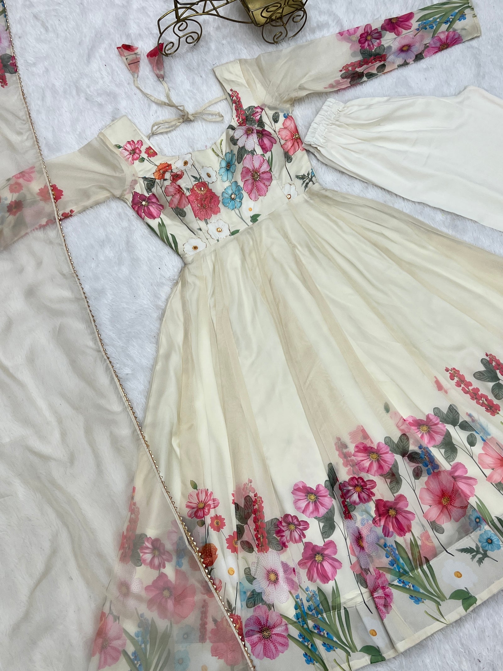 Cream Color Floral Organza Anarkali Suit Set for Festivals & Weddings ClothsVilla