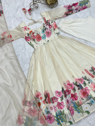 Cream Color Floral Organza Anarkali Suit Set for Festivals & Weddings ClothsVilla
