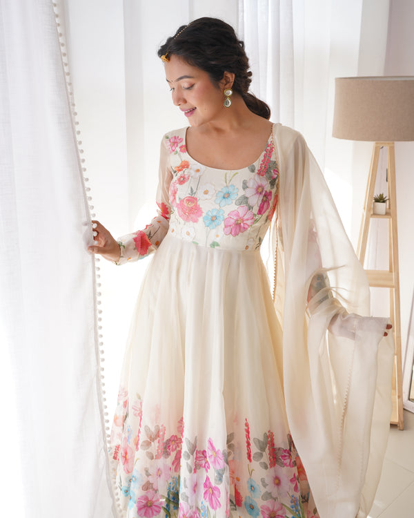 Cream Color Floral Organza Anarkali Suit Set for Festivals & Weddings ClothsVilla