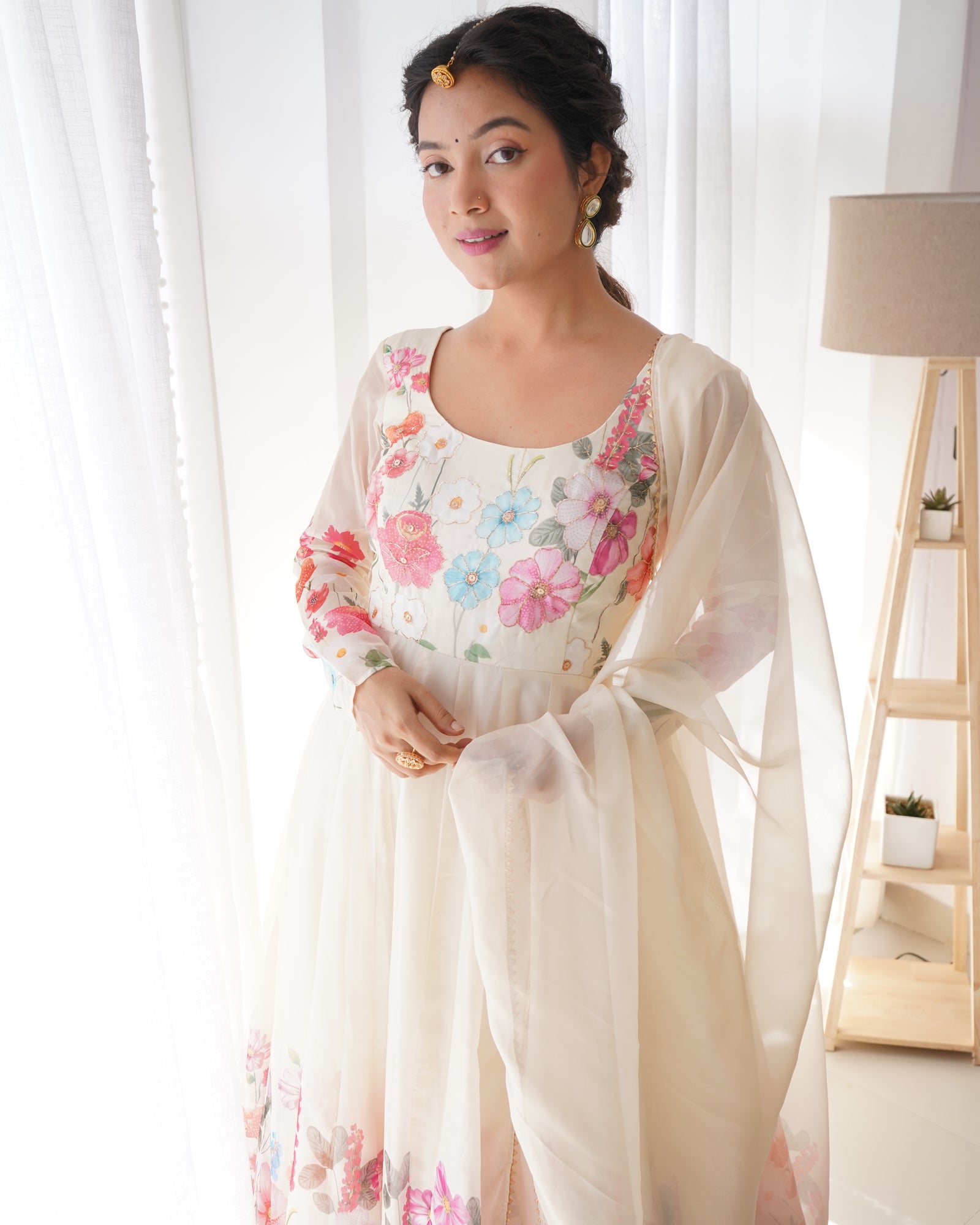 Cream Color Floral Organza Anarkali Suit Set for Festivals & Weddings ClothsVilla