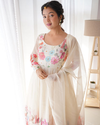 Cream Color Floral Organza Anarkali Suit Set for Festivals & Weddings ClothsVilla