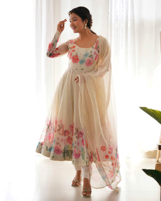 Cream Color Floral Organza Anarkali Suit Set for Festivals & Weddings ClothsVilla