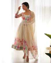 Load image into Gallery viewer, Cream Color Floral Organza Anarkali Suit Set for Festivals &amp; Weddings ClothsVilla