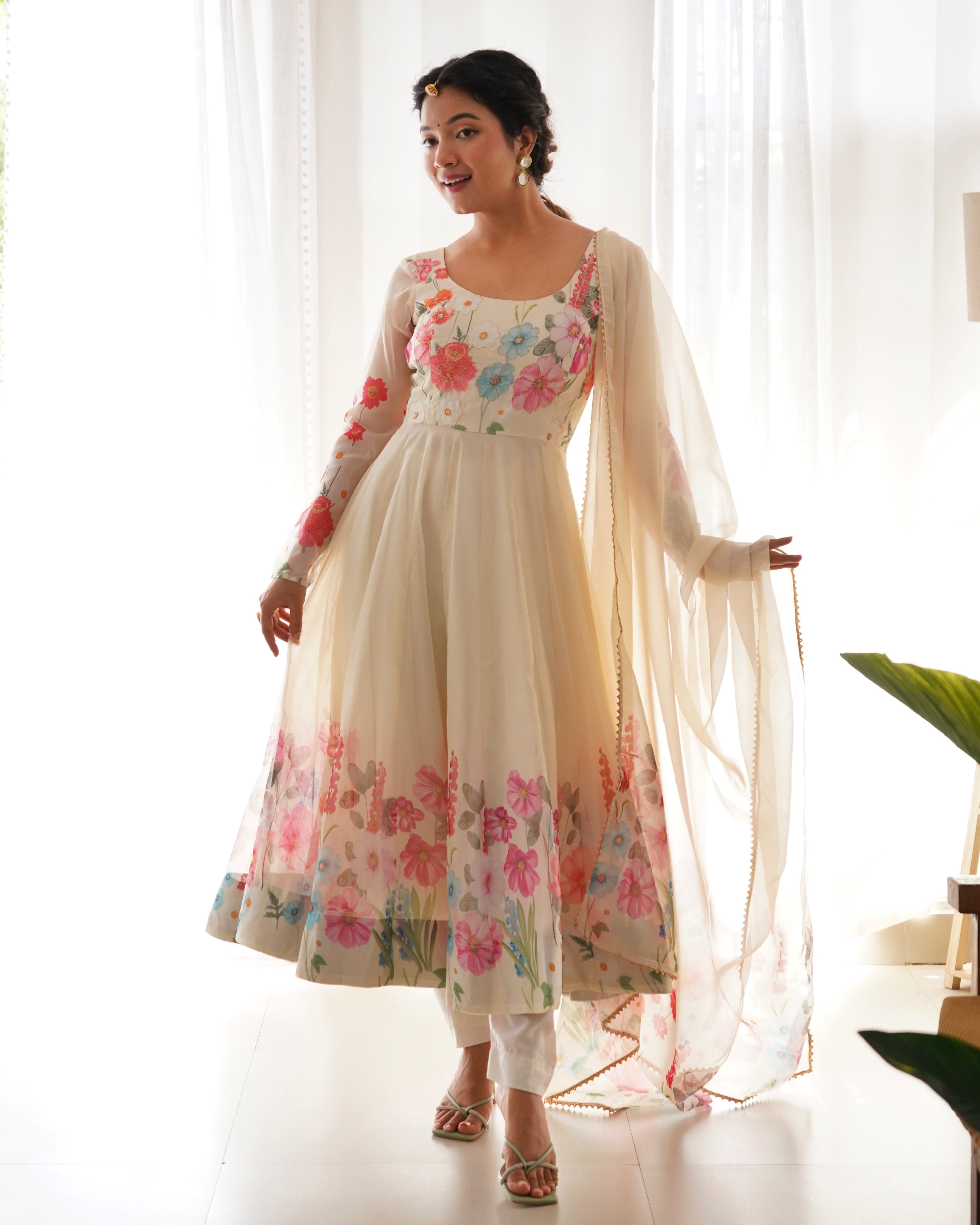 Cream Color Floral Organza Anarkali Suit Set for Festivals & Weddings Secondary image