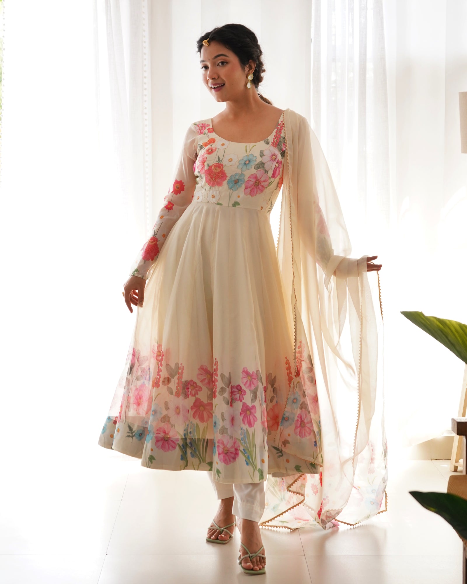 Cream Color Floral Organza Anarkali Suit Set for Festivals & Weddings ClothsVilla