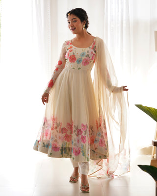Cream Color Floral Organza Anarkali Suit Set for Festivals & Weddings ClothsVilla