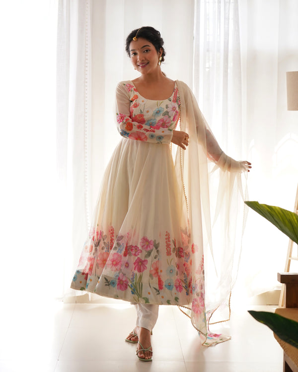 Cream Color Floral Organza Anarkali Suit Set for Festivals & Weddings ClothsVilla