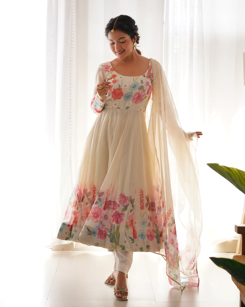 Cream Color Floral Organza Anarkali Suit Set for Festivals & Weddings ClothsVilla