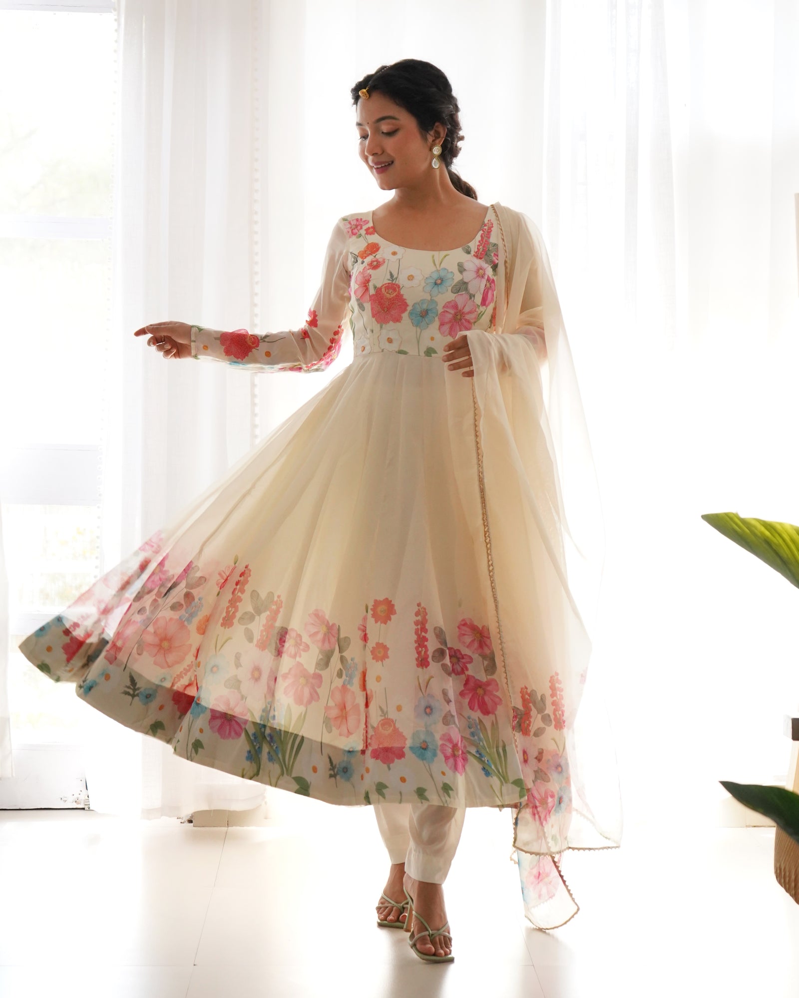 Cream Color Floral Organza Anarkali Suit Set for Festivals & Weddings ClothsVilla