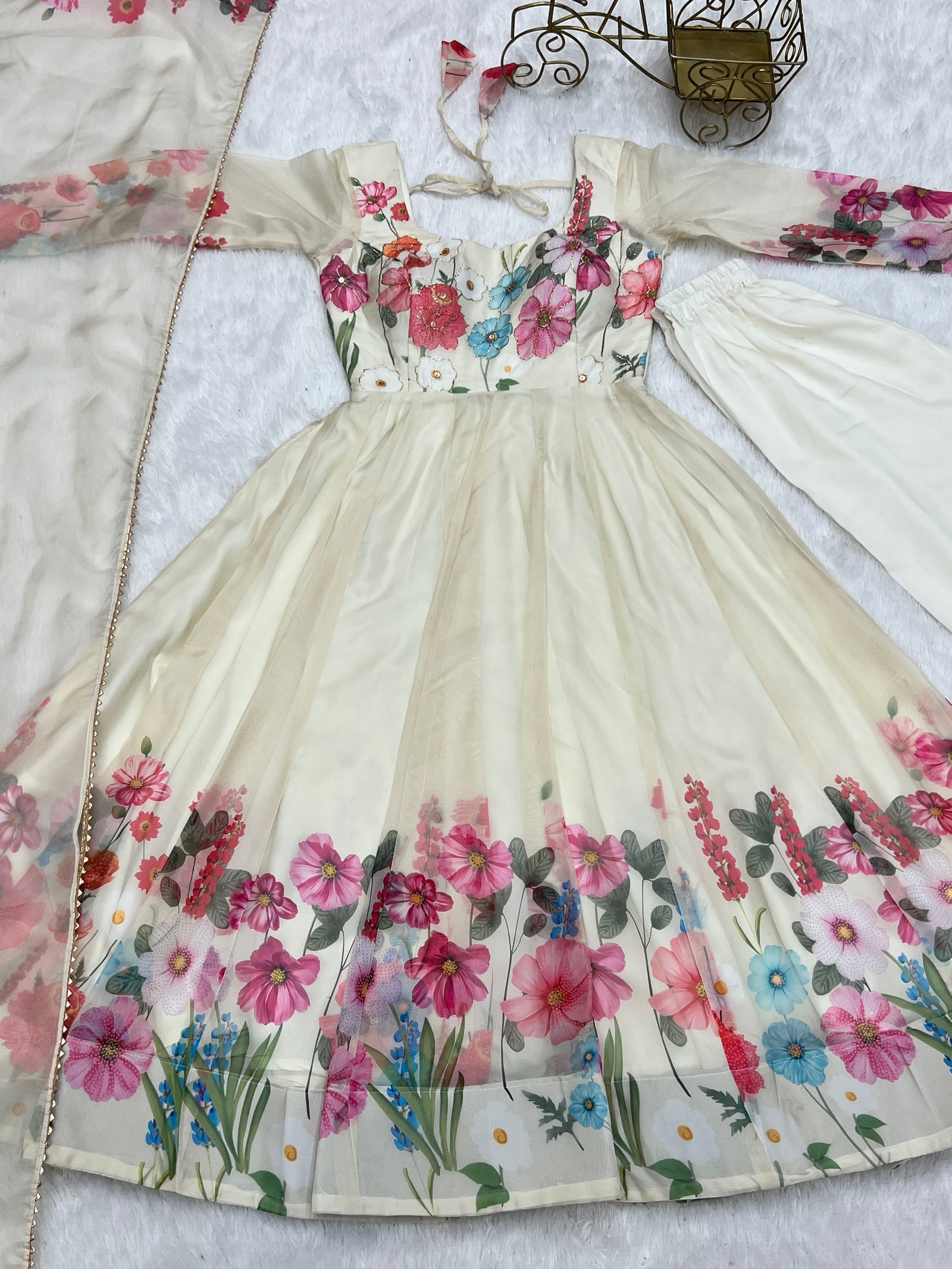 Cream Color Floral Organza Anarkali Suit Set for Festivals & Weddings ClothsVilla