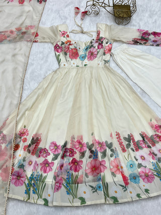 Cream Color Floral Organza Anarkali Suit Set for Festivals & Weddings ClothsVilla