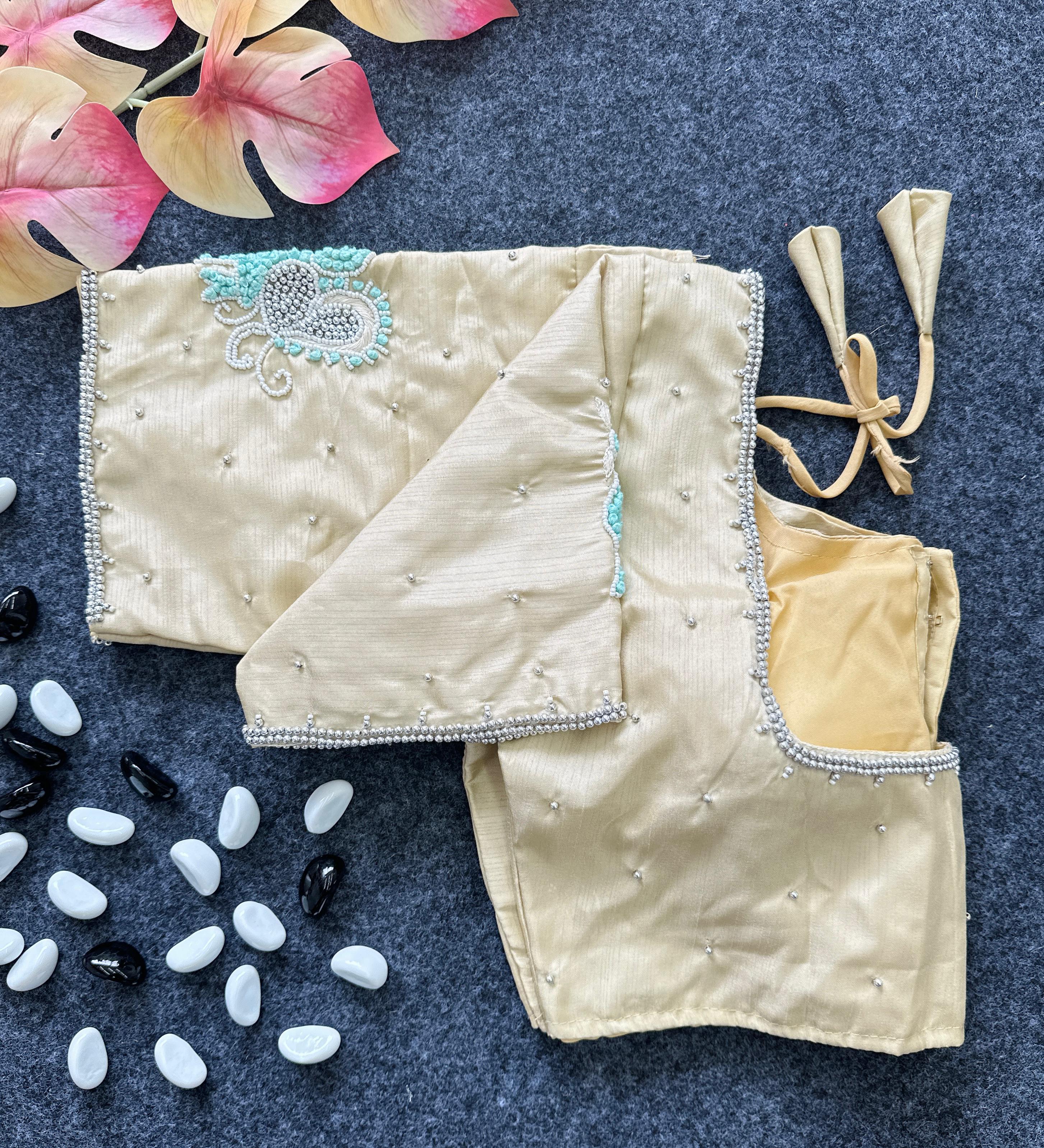 Cream Color Party Wear Blouse in Lemon Silk with Elegant Handwork and Knot Design Secondary image