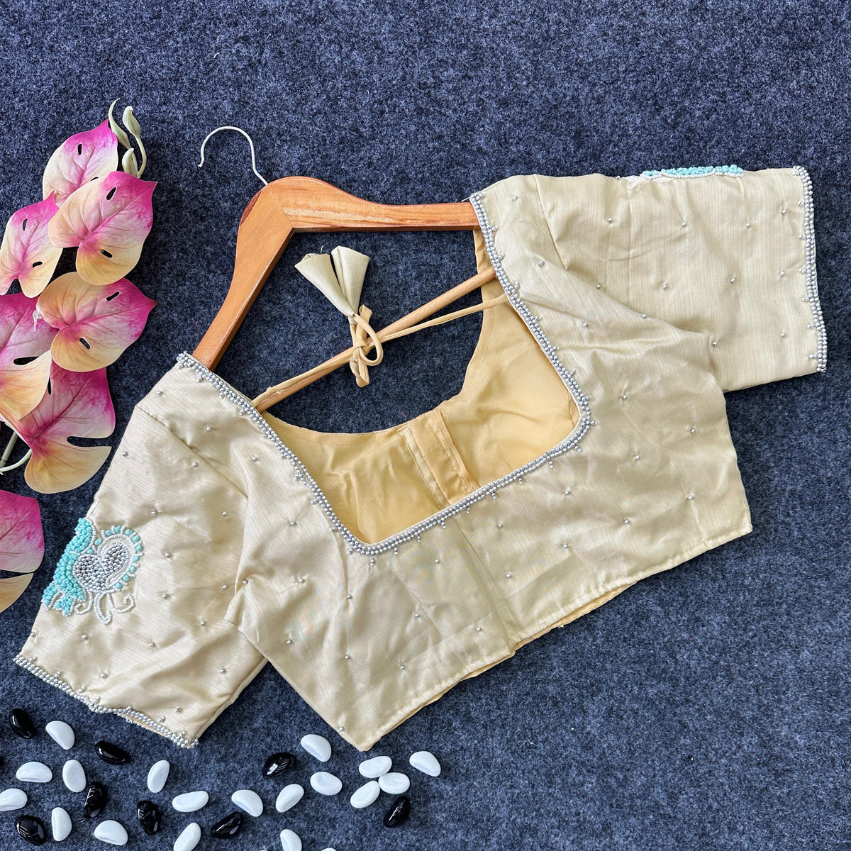 Cream Color Party Wear Blouse in Lemon Silk with Elegant Handwork and Knot Design ClothsVilla.com Main image