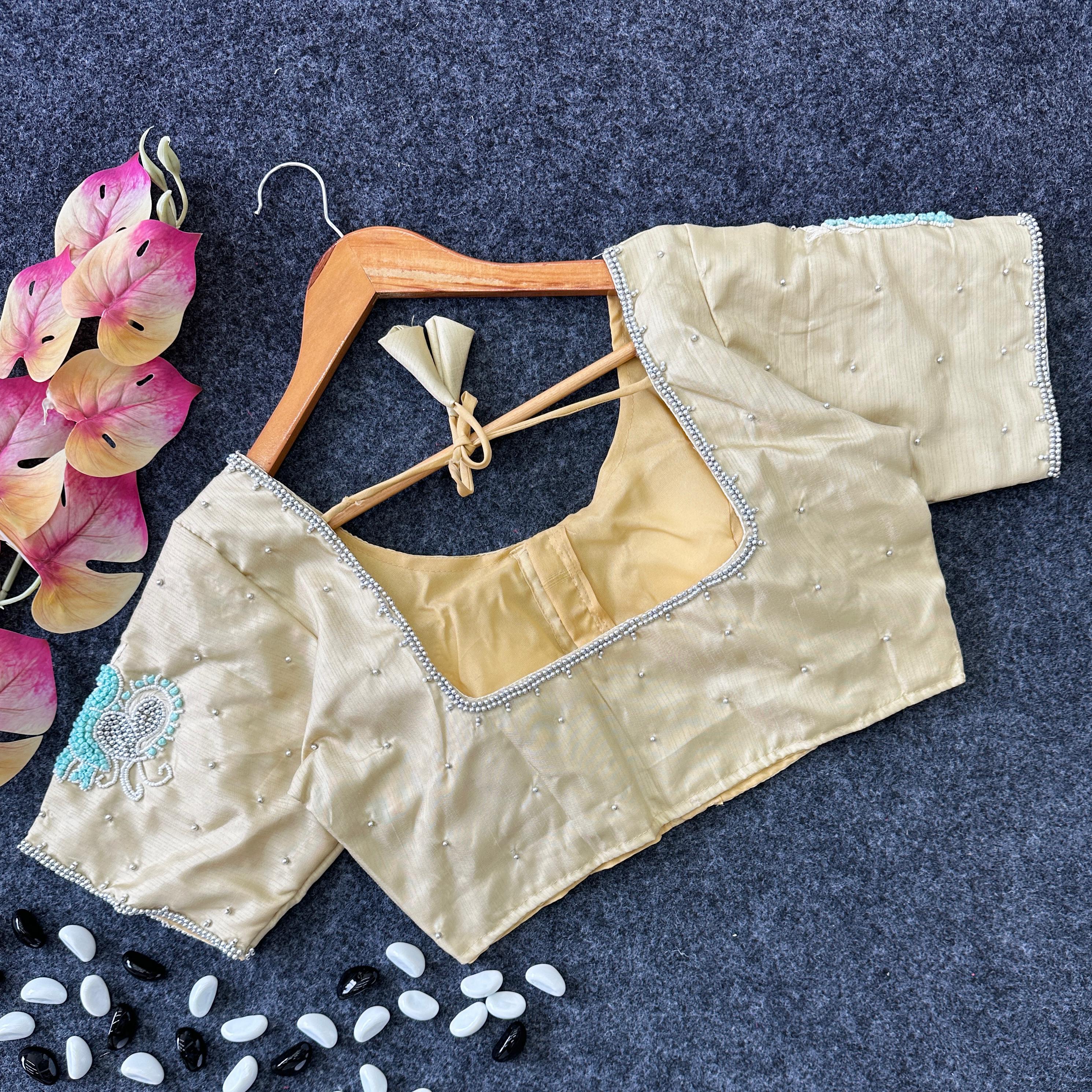 Cream Color Party Wear Blouse in Lemon Silk with Elegant Handwork and Knot Design ClothsVilla.com Main image